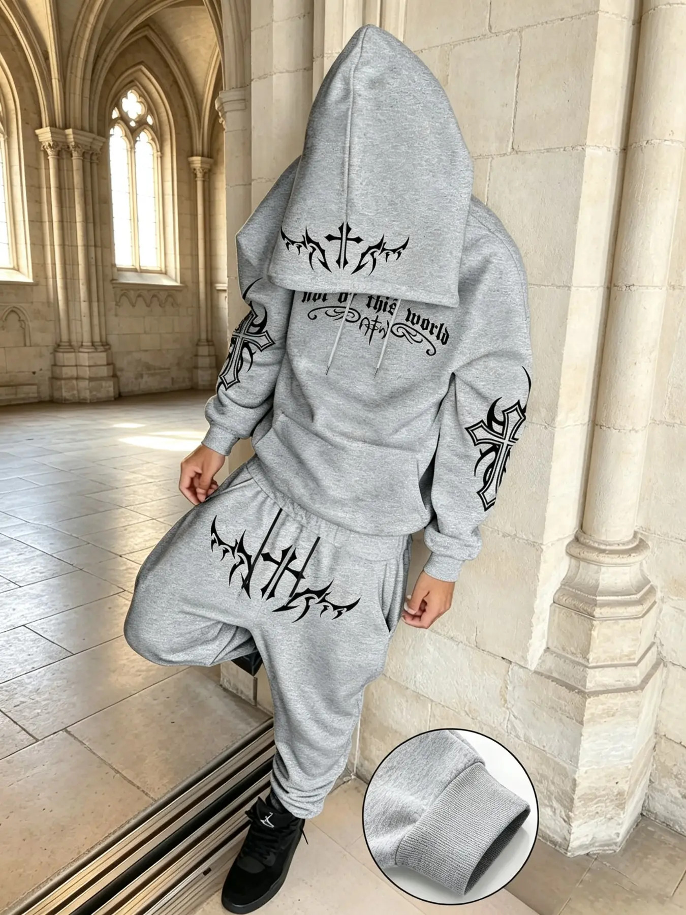 Men's Two-Piece Sports Set, Gothic Cross Print Hoodie and Jogger Pants, Loose Street Style Long Sleeve Hooded Sweatshirt Set