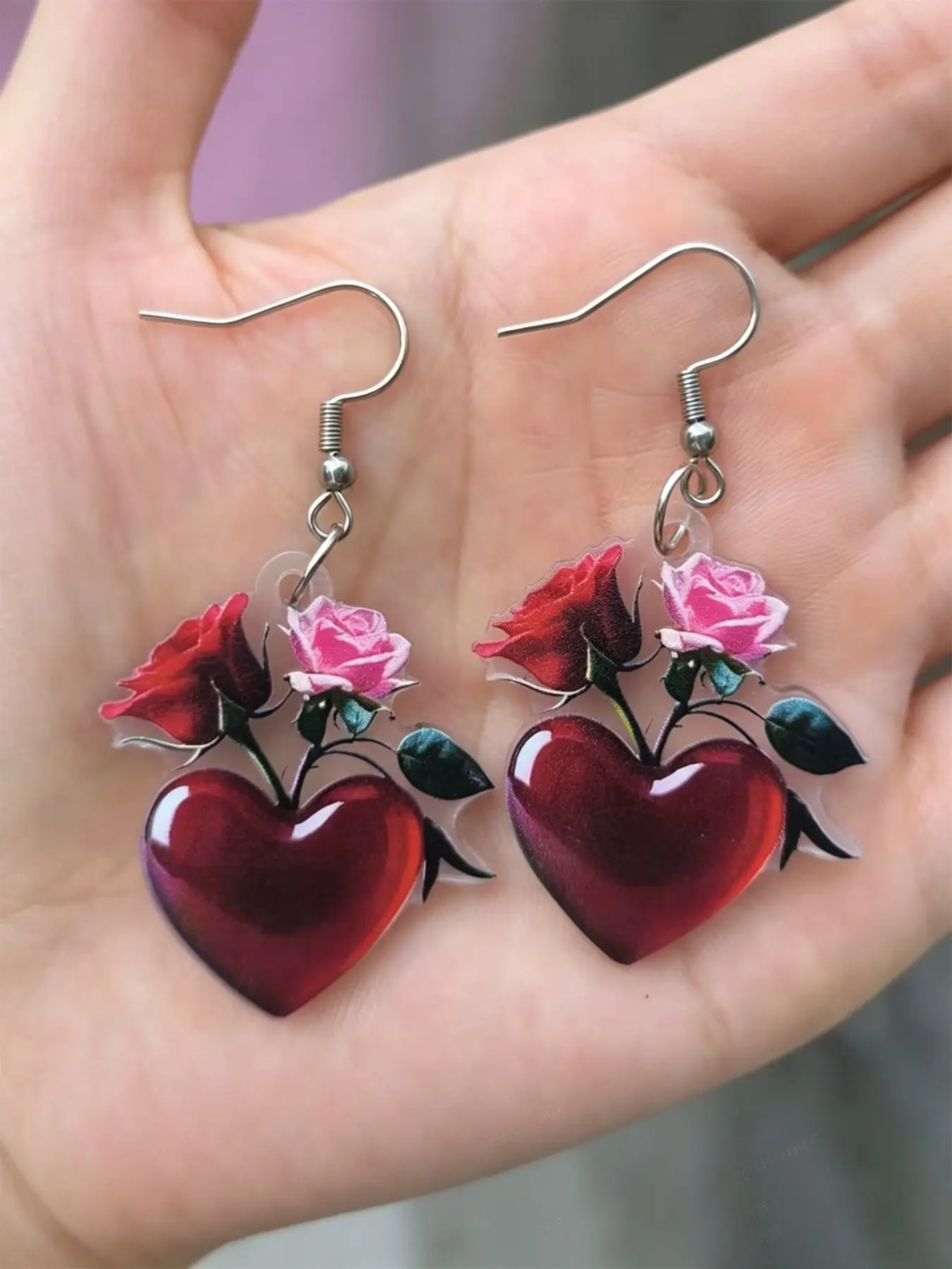 Mother's Day Gift Elegant Heart-Shaped Valentine Earrings, Sweet Rose Acrylic Dangle Earrings, Women's Holiday Party Design Gift, Dangling Earrings