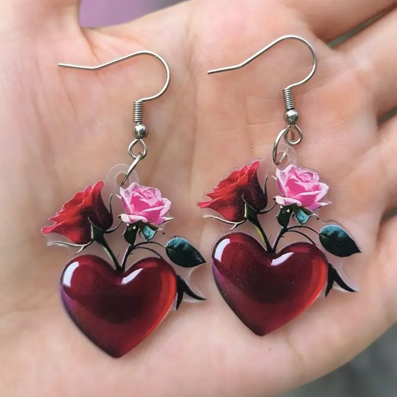 Mother's Day Gift Elegant Heart-Shaped Valentine Earrings, Sweet Rose Acrylic Dangle Earrings, Women's Holiday Party Design Gift, Dangling Earrings