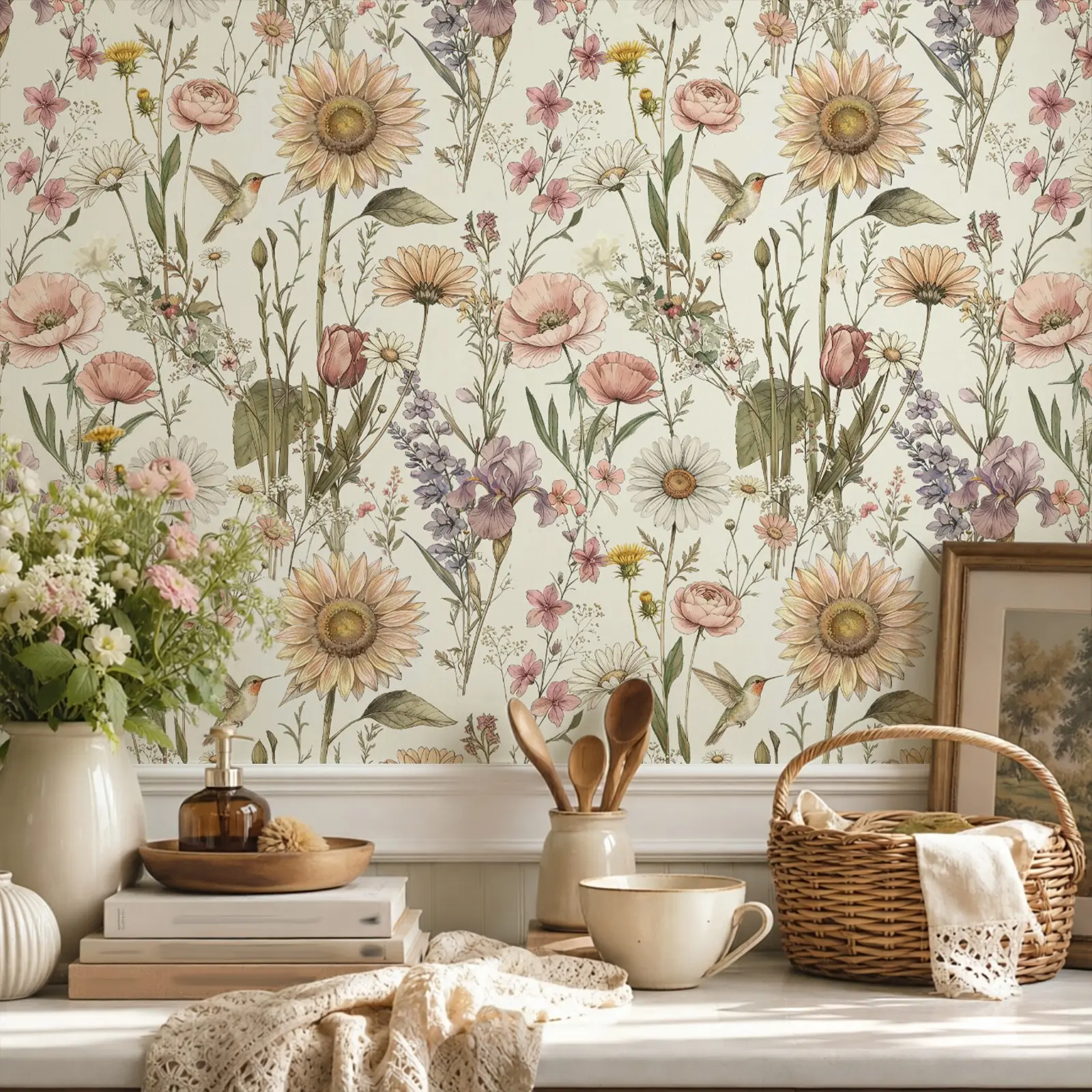 Vintage Watercolor Floral Peel and Stick Wallpaper with Sunflower Rose Daisy Pattern, Waterproof and Moistureproof, French Country Style Contact Paper for TV Background, Bedroom, Living Room, Cabinet Renovation, 44x300/500/1000cm