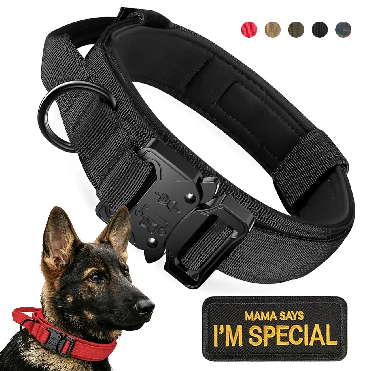 1 Dog Collar with 1 Patch, Tactical Training Collar for Large Dogs, High-Strength Nylon, Heavy-duty Metal Buckle, Adjustable, Comfortable, Anti pull ,  Multi-Color Options suitable for meduim and big dogs  , german Shepherd dog , Labrador and training dog