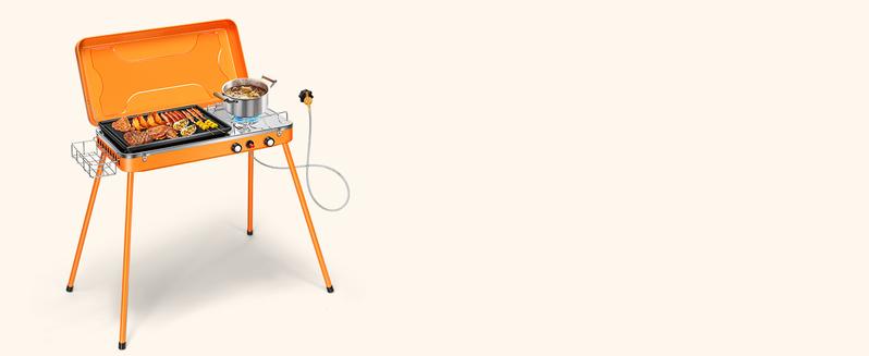 2-in-1 Gas Camping Stove with Detachable Legs, Portable Propane Grill, 20000 BTU Tabletop Grill Cooker for Party, Camping, Picnics, Backyards