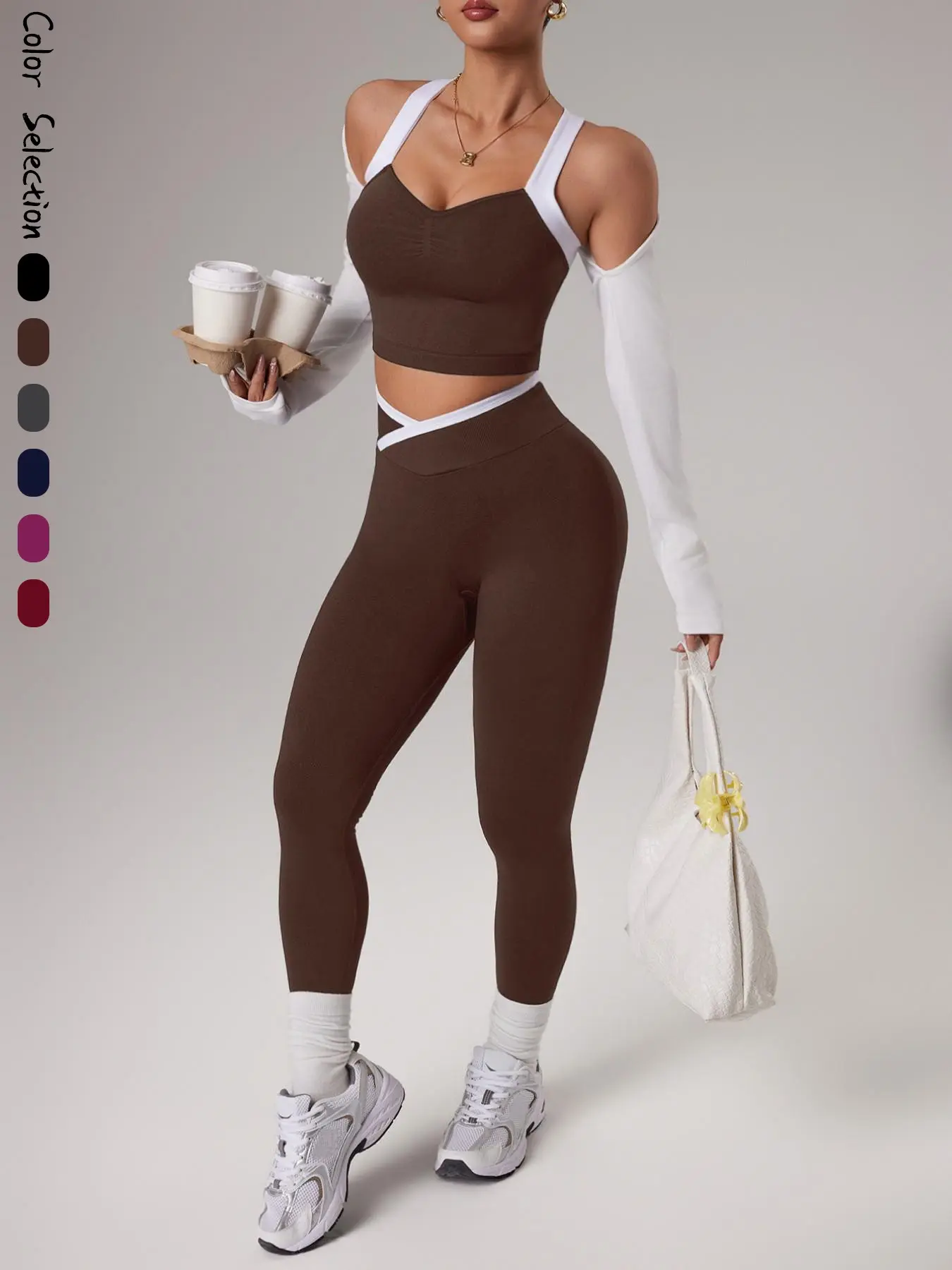Elastic Seamless Yoga Set, 2-Piece Colorblock Women's Sporty Top and Pants, Pilates Daily Workout Clothes, High Elastic Activewear, Running & Hiking, All Seasons