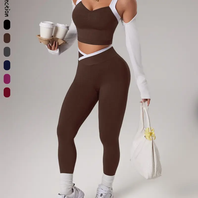 Women's Seamless Sporty Two-Piece Set, Colorblock Top and Pants for Pilates, Workout, Running & Hiking, Clothes for All Seasons, Workout Sets