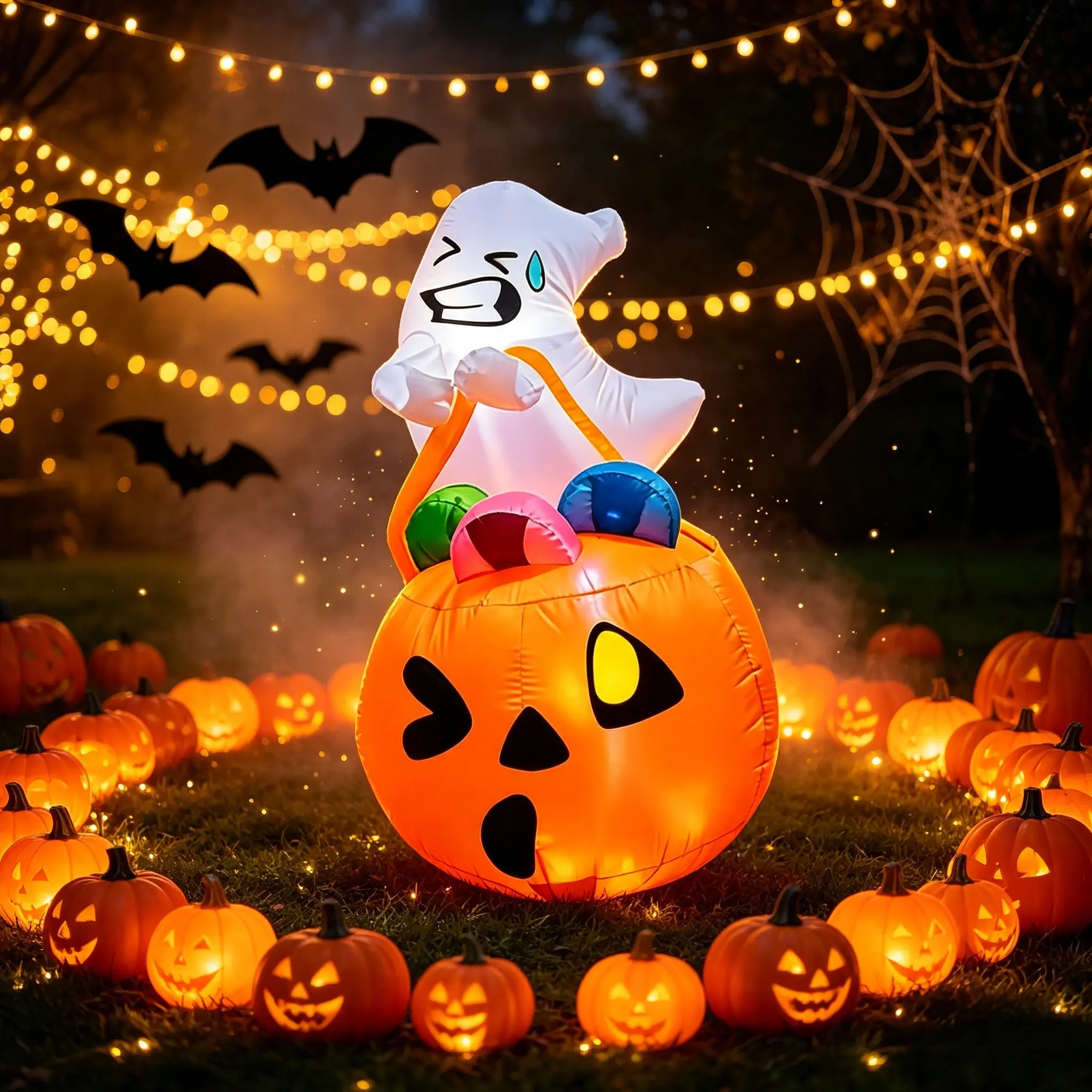 Halloween Inflatable Decor 5FT Tall Pumpkin Candy Bucket with Crying Ghost, LED Light Up Inflatable Ornament, Outdoor Yard Lawn Garden Decor for Halloween Trick or Treat Party