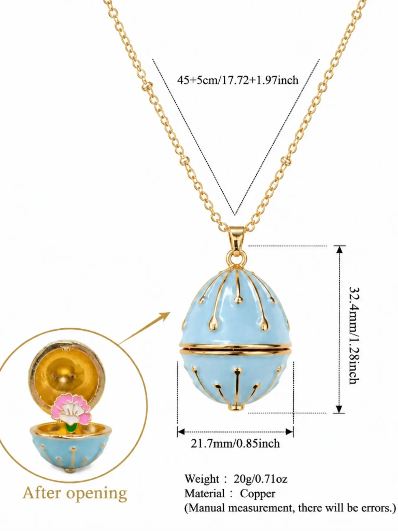1pc Openable Sky Blue Enamel Egg Lock Box Necklace, Hidden 3D Flower, Vintage Jewelry, Layered Casual Wear Accessory