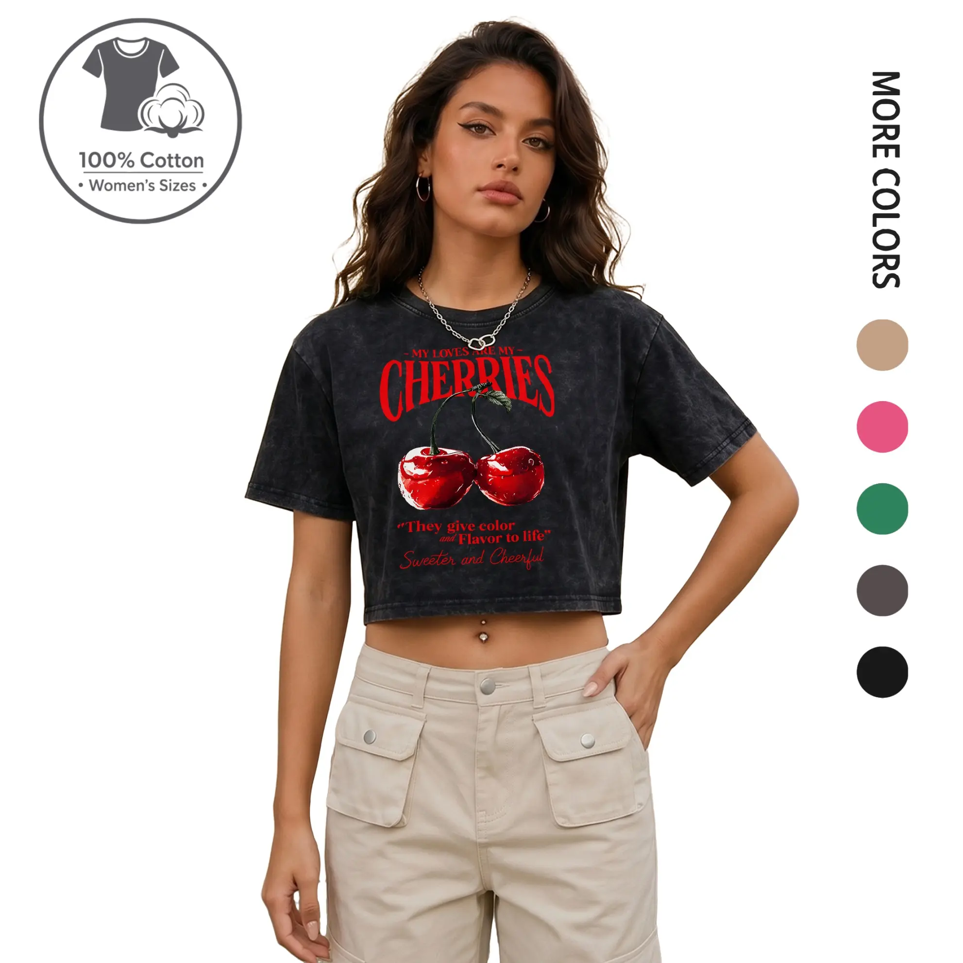 Women’s Y2K 100% Cotton Vintage Washed “MY LOVES ARE MY CHERRIES” Cherry Graphic Cropped Tee, Streetwear Summer Slim Fit Casual Crop Top Shirt