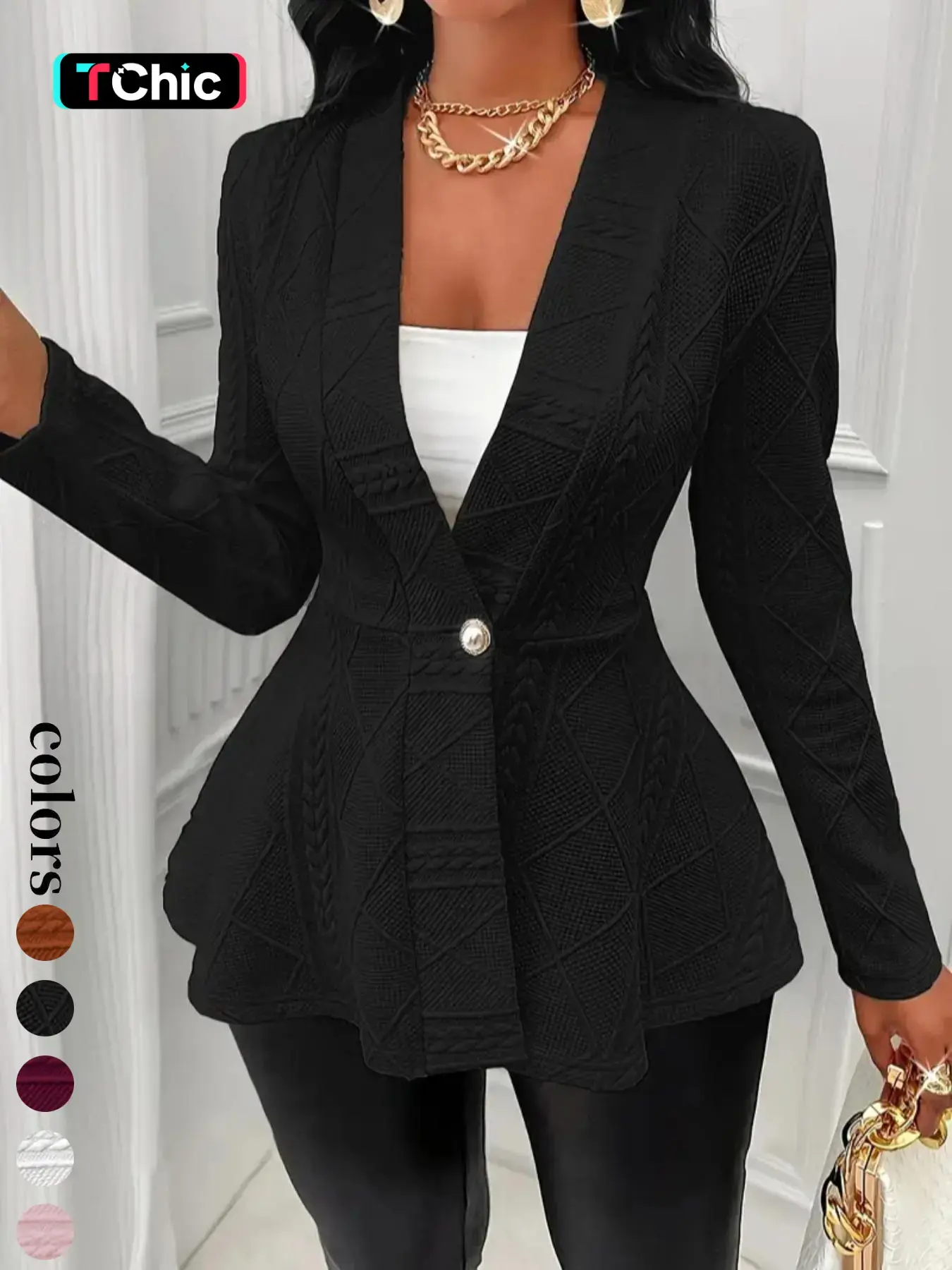 Women's Textured Knit Button Front Blazer, Elegant Chic Long Sleeve Slim Fit Outerwear for Fall & Winter, Ladies Clothes for Work Office Business