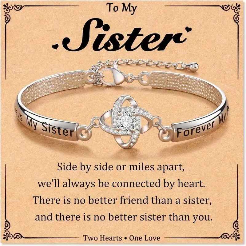Adjustable Rhinestone Link Bracelet Eternal Heart Bracelets- Elegant Cubic Zirconia charm Pendant sweet Jewelry for Women All-Match Daily/Party Decor Perfect Birthday Gift for Sister Friends engraved bracelet 'Always My Sister, Forever My Friend' alhambra