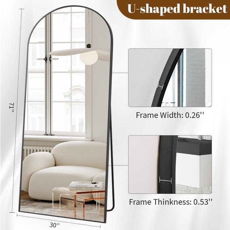 30"x71" Arched Full Length Mirror, Black Large Floor Mirror with Aluminum Alloy Frame Standing Hanging or Leaning Wall-Mounted Full  Mirror for Living Room and Bedroom