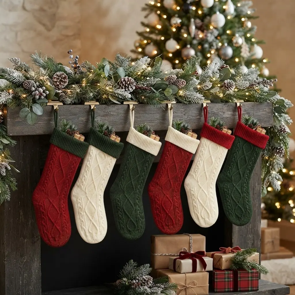 2pcs/3pcs cable knit Christmas stocking set, cozy farmhouse style, red, green and white knitted bag, suitable for family Christmas tree decoration.