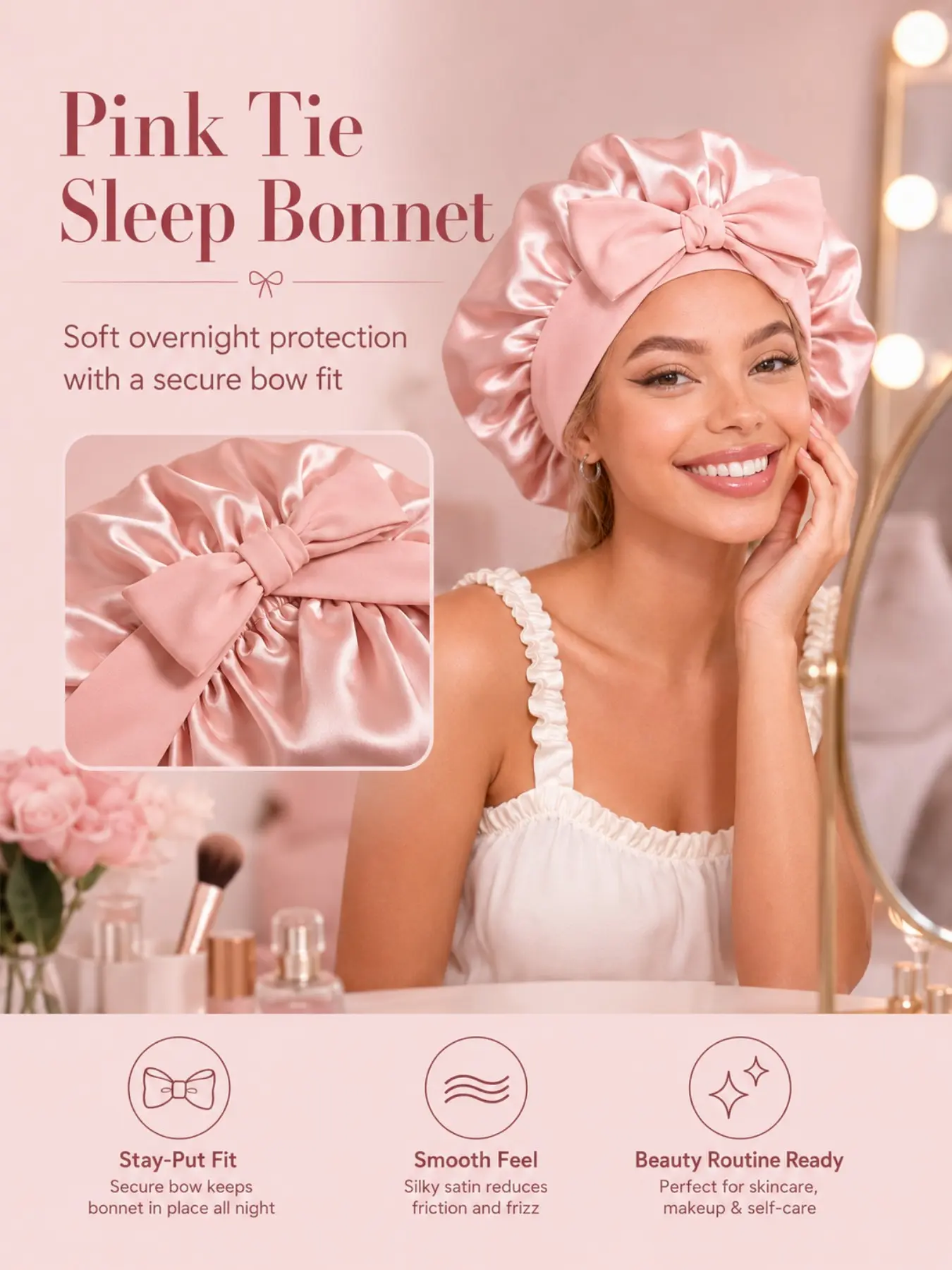 1pc Pink Satin Bonnet for Sleeping with Long Tie Band, Anti-Frizz Hair Wrap Cap for Women, Soft Silk-Like Hair Protection Sleep Cap, Smooth