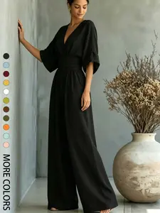 Summer new fashionable and high-end Women V-neck one-piece wide leg pants with cinched waist for slimming effect. Bubble sleeve design is suitable for daily travel, outdoor lawn banquets, light wedding outfits, afternoon tea, commuting