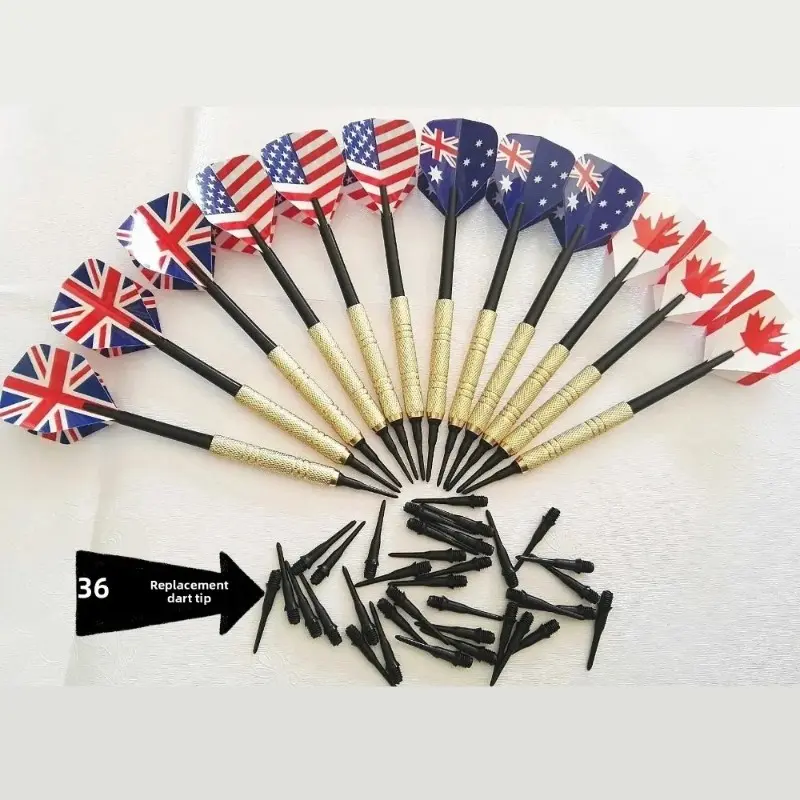 12 Pcs Professional Soft‑Point Dart Kit Multiple Country Flag Printed Dart Wings Non‑Slip Brass Barrels Extra 36/100 Spare Soft Dart Tips Recreational Dart Accessories for Home Entertainment Pub Game Night Amateur Training