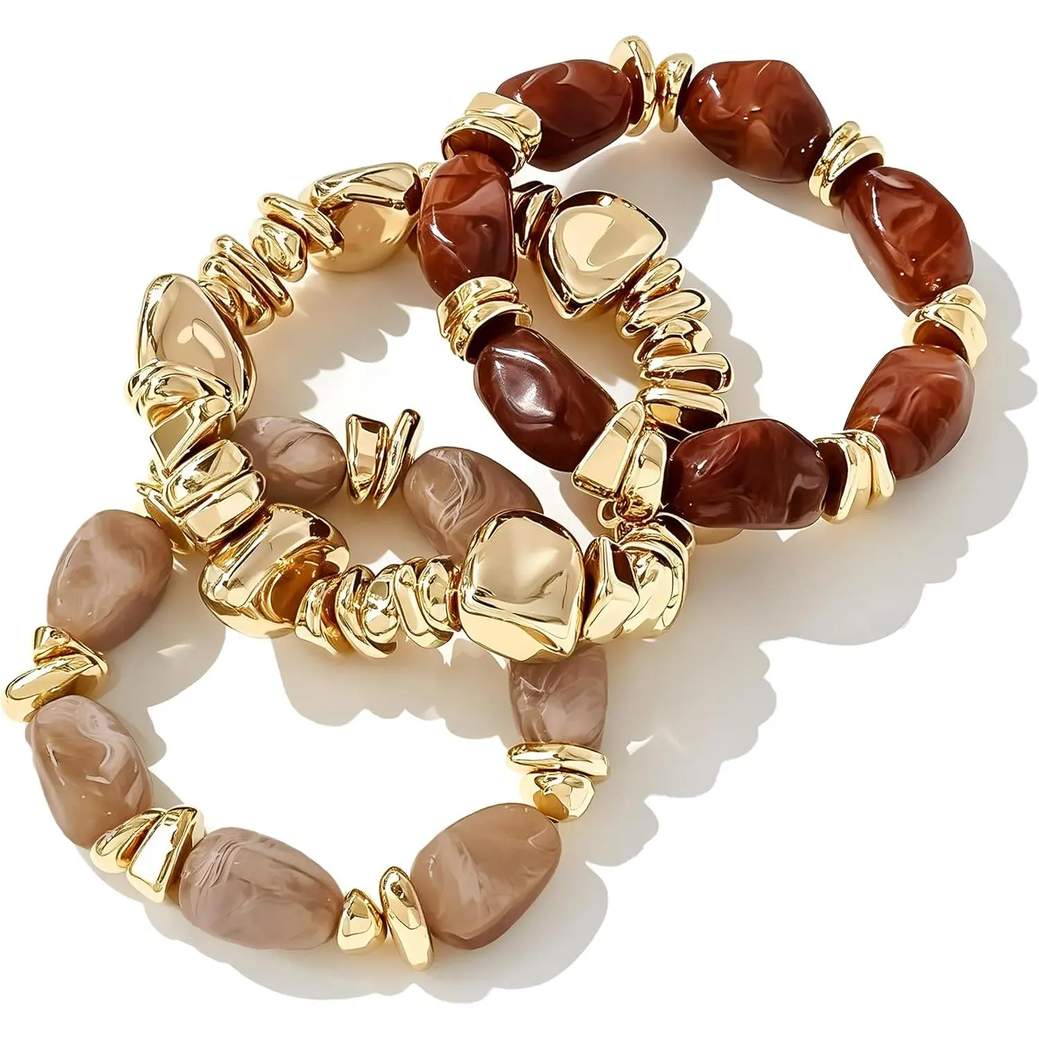 Boho Bracelet Set for Women, Chunky Brown Beaded Stackable Bracelets