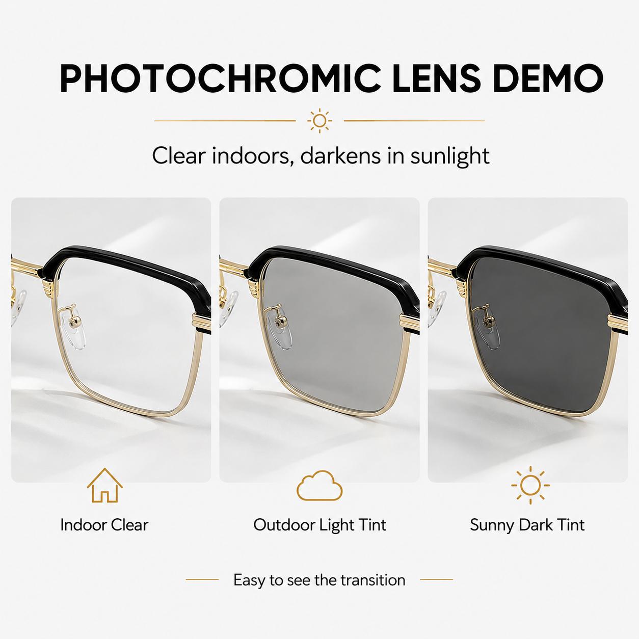 Photochromic Reading Glasses & 0.00 Non-Prescription Glasses, Anti-Blue Light UV Protection Eyeglasses for Men and Women, Lightweight Black Gold Frame Photochromic Reading Glasses & 0.00 Non-Prescription Glasses, Anti-Blue Light UV Protection Eyeglasses for Men and Women, Lightweight Black Gold Frame