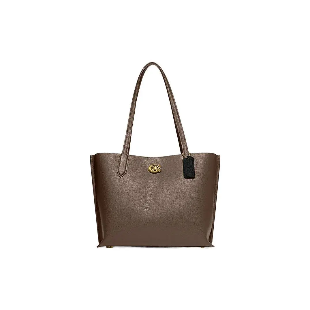 COACH Willow 35 Leather Tote Bag for Women – Structured Top-Handle Shoulder Bag with Gold Logo, Pebbled Texture, and Magnetic Closure in Deep Stone Gray