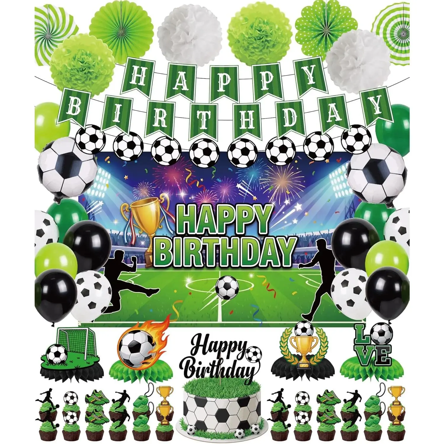 Soccer Happy Birthday Party Decorations - 53 count Soccer Party Supplies with Photo Backdrop, Pre-Strung Banner Balloons Cake Cupcake Toppers Paper Fans Centerpieces for Boys   Themed Decor