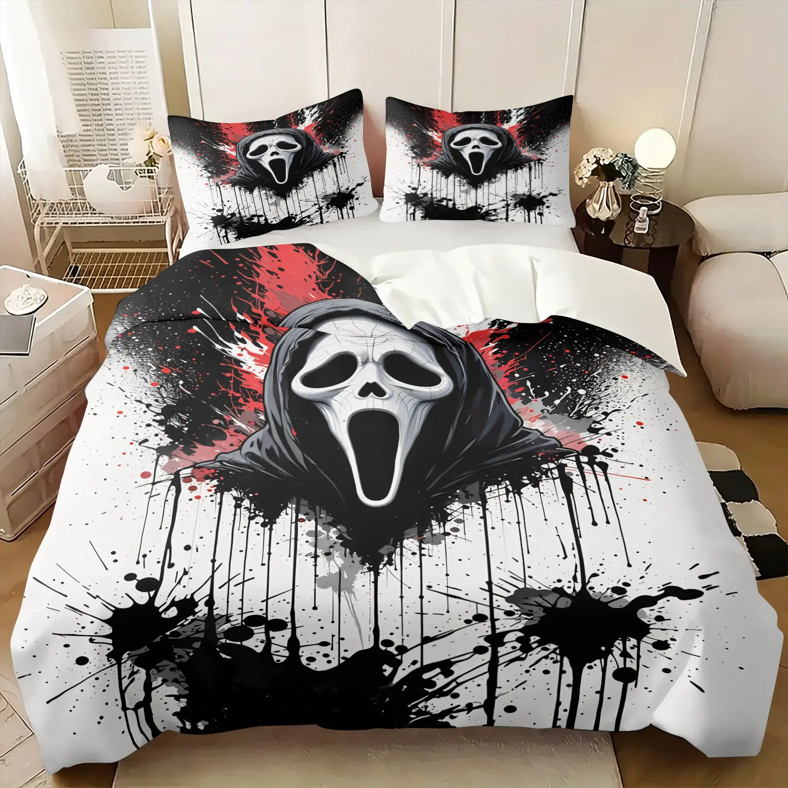 Splashed Ink Dark Ghost Mask Duvet Cover Set & 1-2 Coreless Pillowcases, Horror Movie Killer Graffiti Design, Soft Breathable Durable Bedding For Teen Bedrooms, E-Sports Rooms, Gothic Apartments And Halloween Decor
