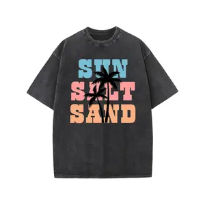 Digitex Unisex Acid Wash T-Shirt Heavy Cotton Crew Neck Short Sleeve Sun Salt Sand Tropical Palm Bold Letter Print Vintage Matching Casual Holiday Streetwear Tee