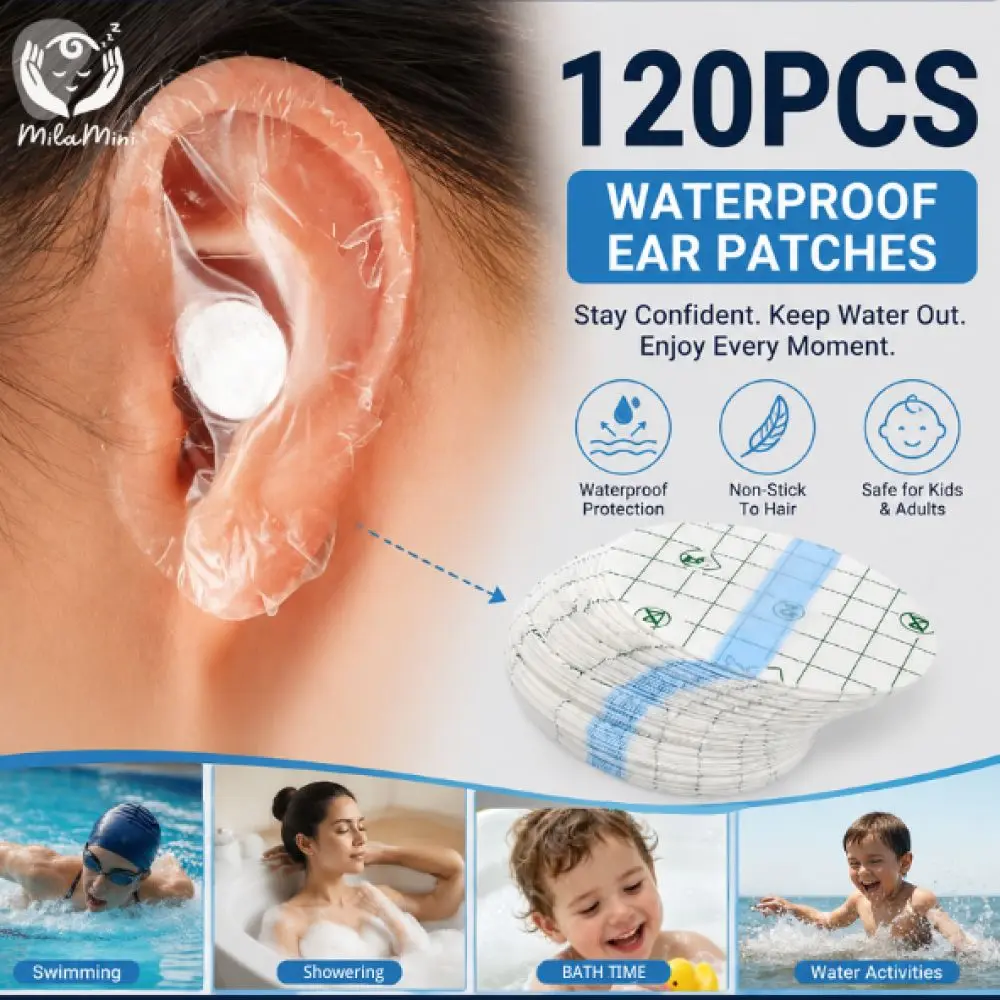 Milamini 120 PCS Disposable Waterproof Ear Patches, Baby Ear Covers for Swimming Shower Ear Protectors with Soft Cotton, for Shower Surfing Snorkeling and Other Water Sports