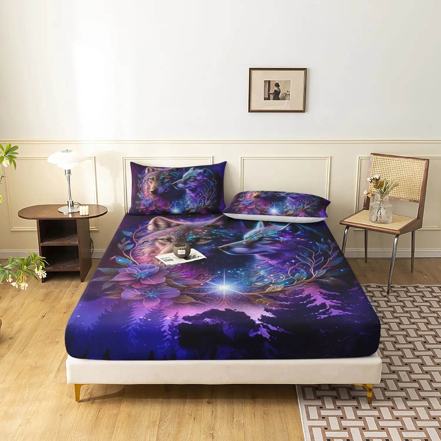 Purple Galaxy Forest Wolf Bedding Fitted Sheet Set, 3 Pieces Starry Night Floral Wild Wolf Woodland Print Bedding, Fantasy Wildlife Home Textile For Teen Bedroom Decor (1 Fitted Sheet + 2 Pillowcases, No Pillow)