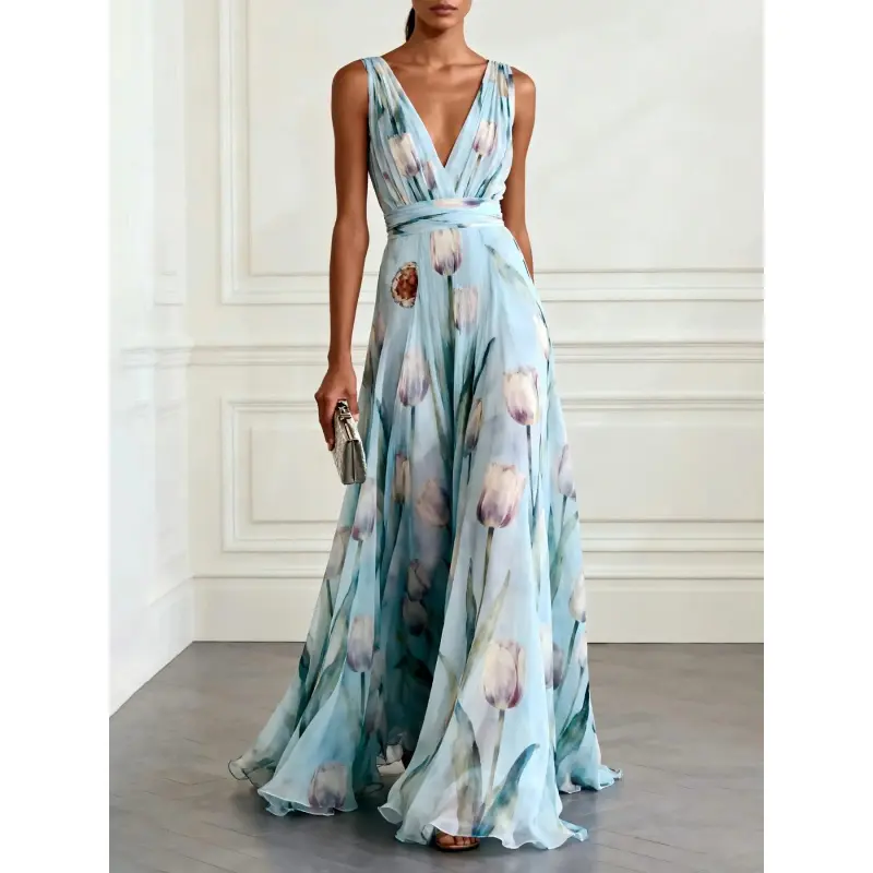 Floral Jacquard Beachwear Dress for Women, Sleeveless V-Neck A-Line Maxi with Waist Cinch for Parties & Warm Weather, Floral Jacq., Lady, Elegant Sleeveless Dress, Fashion, Parties/Exhibits, Multi-Size