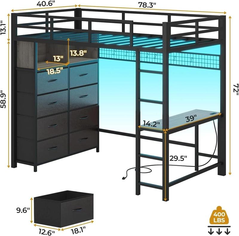 Sikaic Twin Size LED Loft Bed Frame with Desk and 8 Drawers Grey Safety Guardrail Effective Space Saving