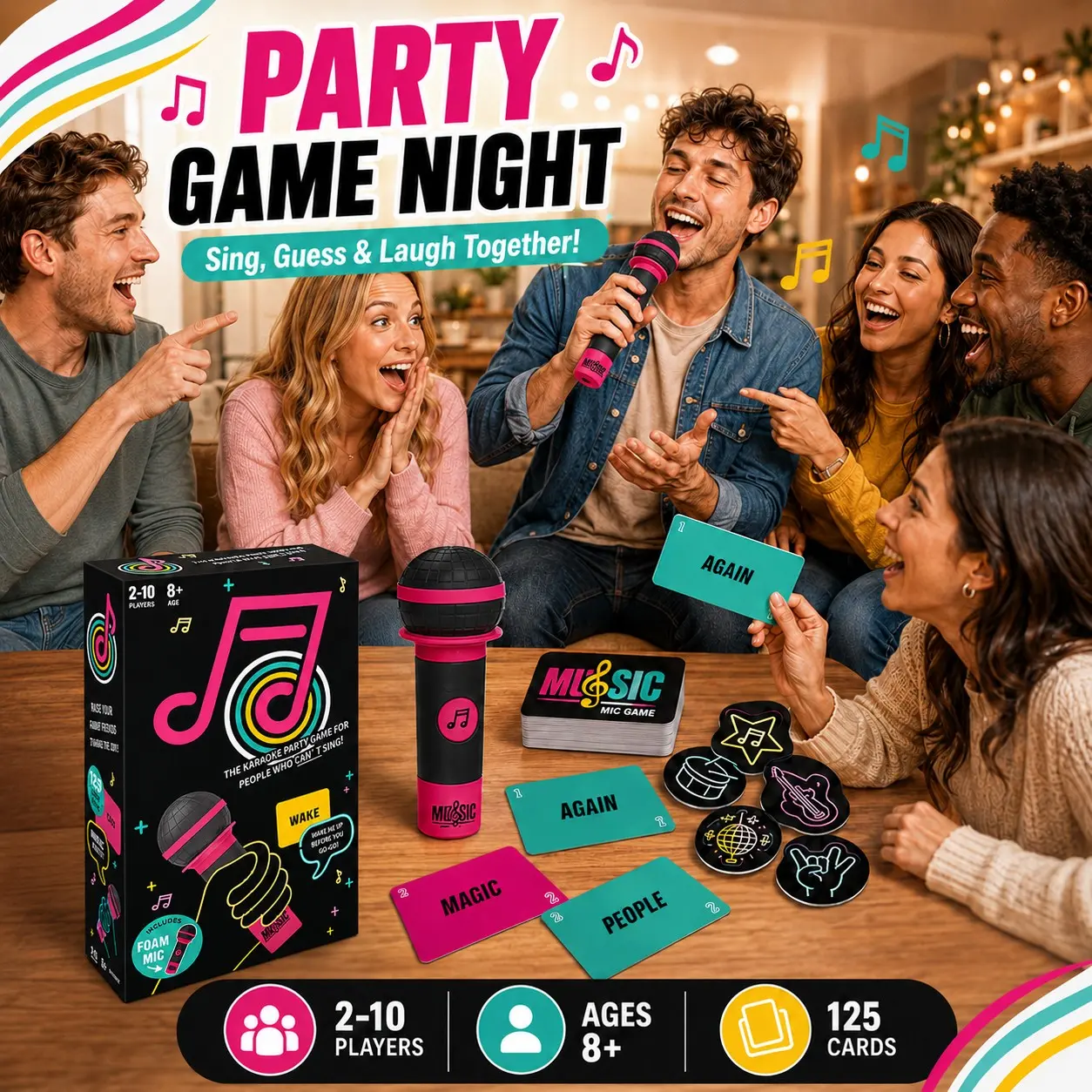 125 Music Guess Song Interactive Card Game Set, Includes Foam Microphone and Timer, Party Board Game for Kids Adults, Birthday Toy