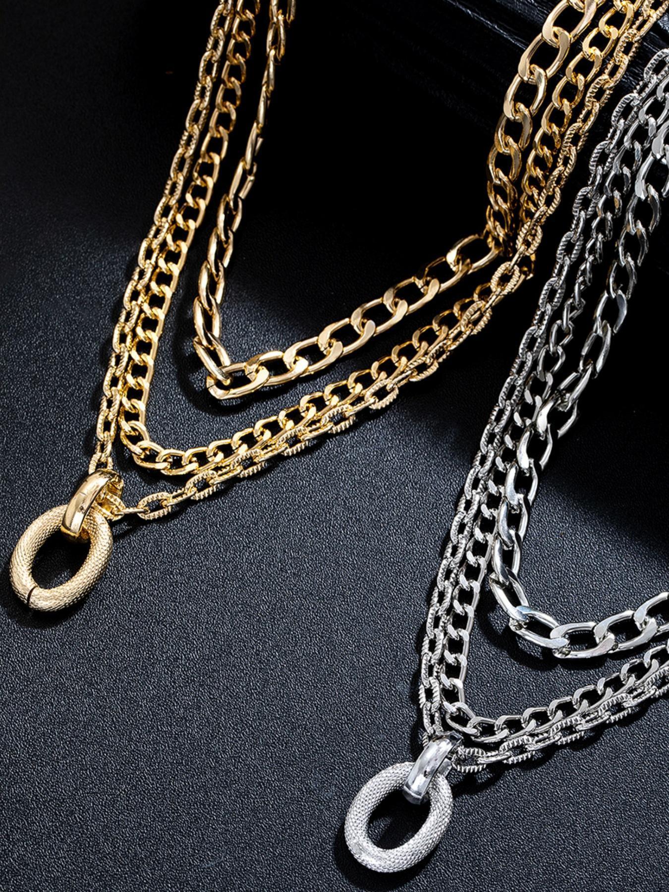 Multi-Layered Hip Hop Necklace for Women, Geometric Oval Pendant with Chunky Aluminum Chain, Minimalist Style Gift for Parties, Chunky Chain Choker