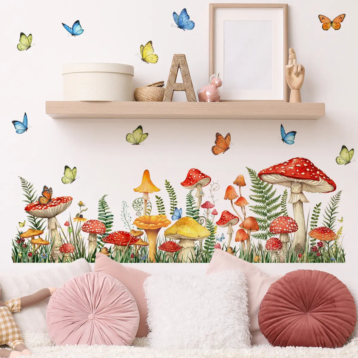 1Pc (30*90cm) Forest Style Wall Sticker, Spotted Mushrooms with Colorful Butterflies Decal for Bedroom Wall Decor