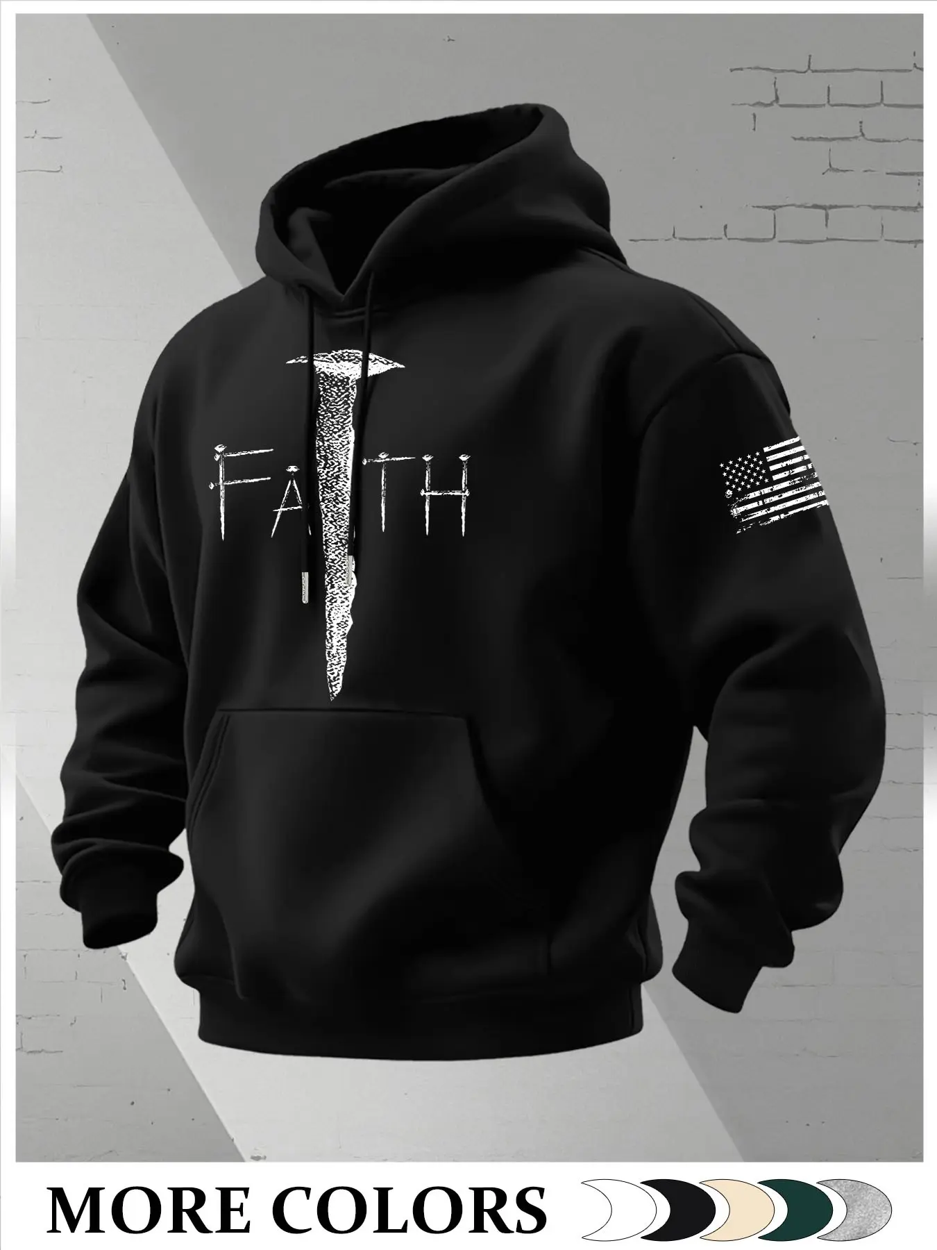 Men's Pullover Knitwear Hoodie, Nail Faith Cross Distressed USA Flag Print, Christian Patriotic Casual Long Sleeve Sweatshirt for Men