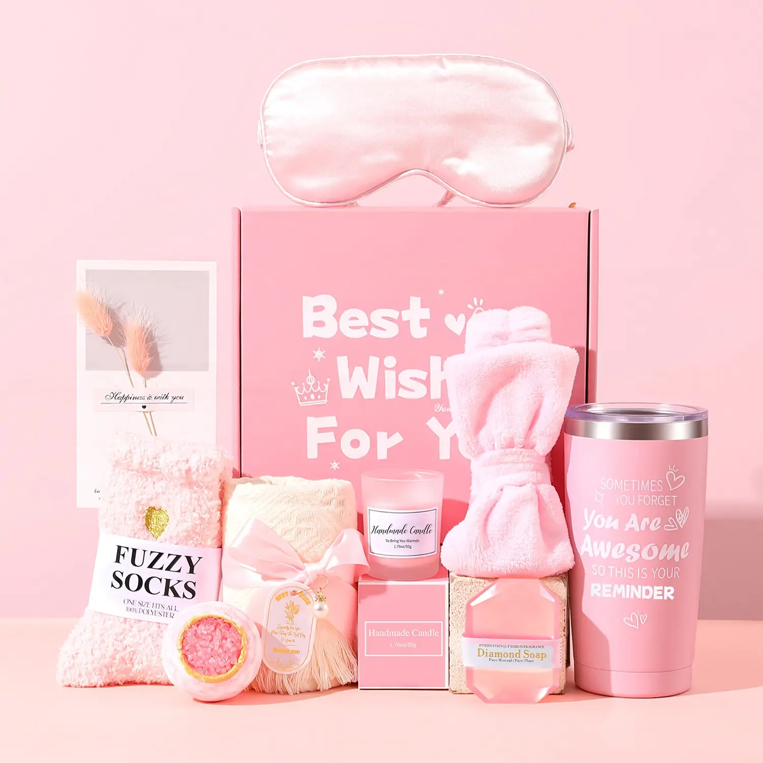 1 Set Pink Gift Box Set, including insulated tumbler, aromatherapy candle, silk eye mask, bow headband, towel, bath bomb, gemstone soap, fluffy socks and greeting card, gifts for women's birthdays and holidays