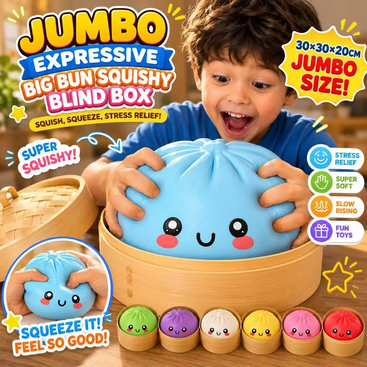 Mysecret Expressive Jumbo 10.6 Inch Dumpling Squishy Mystery Blind Pack, Flexible Soft TPR Bun Fidget Toy to Soothe Daily Anxiety, Random Pattern Surprise Unboxing Set, Minimalist Tabletop Ornament Portable Calming Decor Novelty Collector Gift