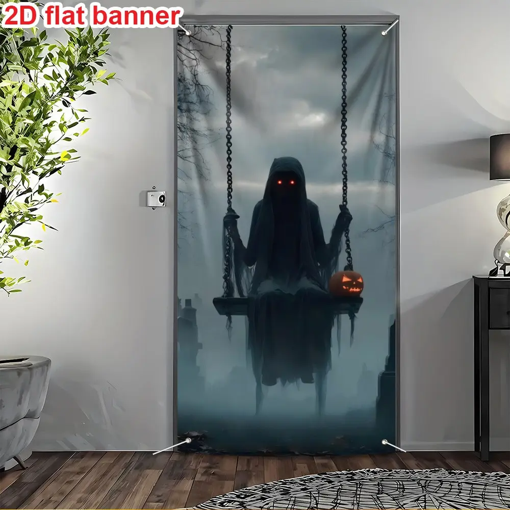 Halloween Spooky Ghost Swing Cemetery Door Backdrop Banner, Glow Eyes Pumpkin Light, Glowing Eyes, Indoor Outdoor Decor, Easy Install, No Power Needed, Party Home Decor