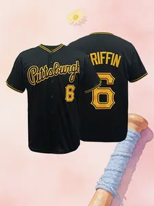 Men's Pittsburgh #6 Embroidered Baseball Jersey, Breathable Baseball Shirt,Unisex Stitched Replica Team Uniform, Casual Short Sleeve Fan Top