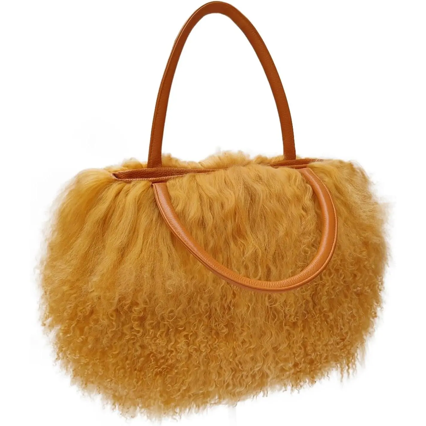 Women Luxury Real Curly Mongolian Lamb  Purse |  Top Handles,Long Tan Sheep ,Large Furry Clutch,Shearling  Bag, Lightweight and