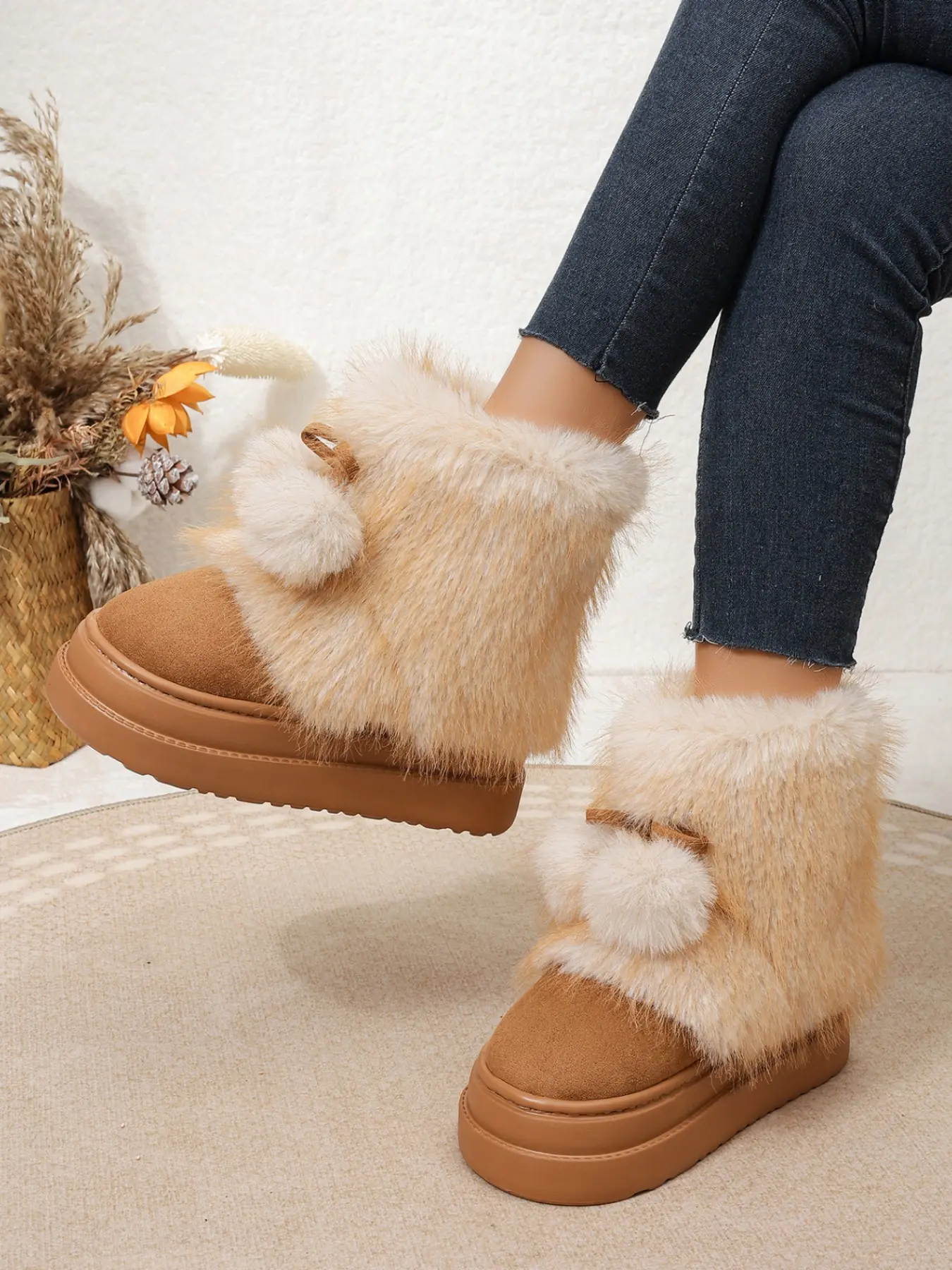 Women's Cute Pom-Pom Fuzzy Snow Boots, Thick Sole Height-Boosting Warm Short Boots, Winter Daily Outdoor Cotton Boots