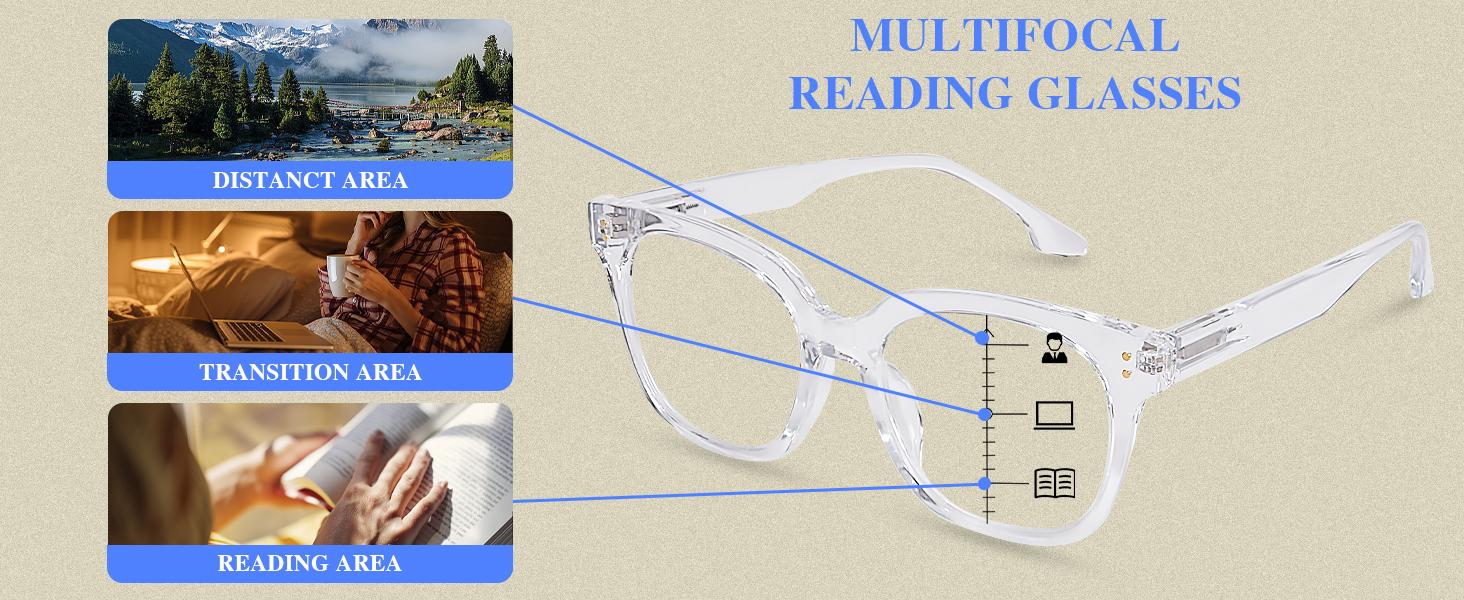 Progressive Multifocus Reading Glasses for Women Men Oversized Anti Blue Light Blocking Readers Square Eyeglasses