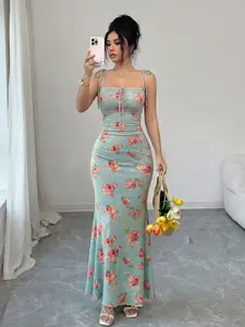 Women's Floral Print Dress, Ruffled Hem and Thin Straps Design, Summer Casual Style, Perfect for Daily Wear and Special Occasions
