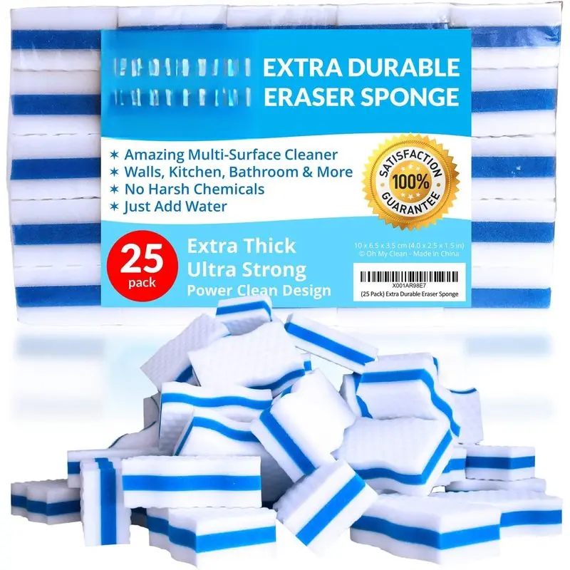 (25 Pack) Extra Durable Eraser Sponge – Extra Thick, Long Lasting Magic Melamine Cleaning Sponges in Bulk – Foam Pads for Walls, Kitchen, Bathroom, Floor & Baseboard Cleaner