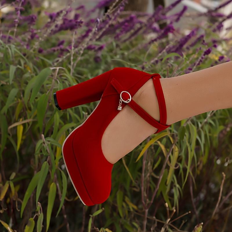 Elegant Women's High Heels - Chunky Heel, Round Toe Pumps in Black & Red|       Breathable Fabric with Sparkle Detail|       Versatile for Weddings, Work & Casual Wear