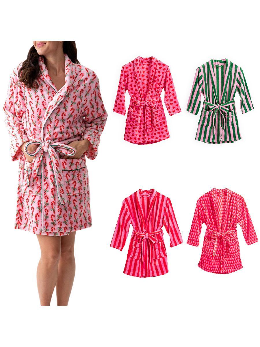 Women Fashion Striped Fleece Robe Fuzzy  Printed Long Sleeve Shawl Collar Bath Robe Cute Plush Warm Kimono with Pocket