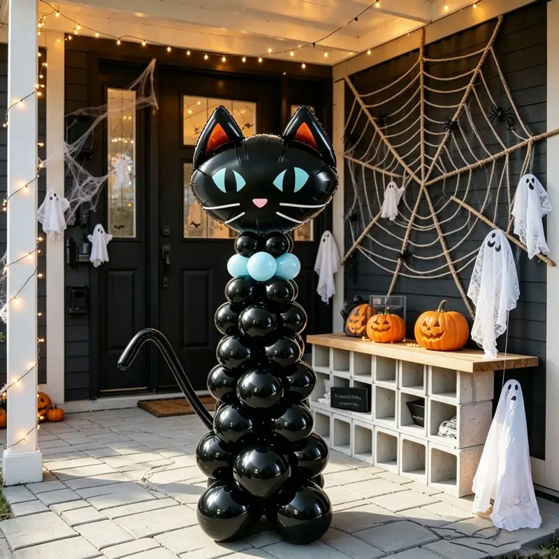 Halloween Cat Balloon Set, 45 Pieces, Includes Aluminum Foil Cat Head, and Macaron Blue Latex Balloons, Party Decorations