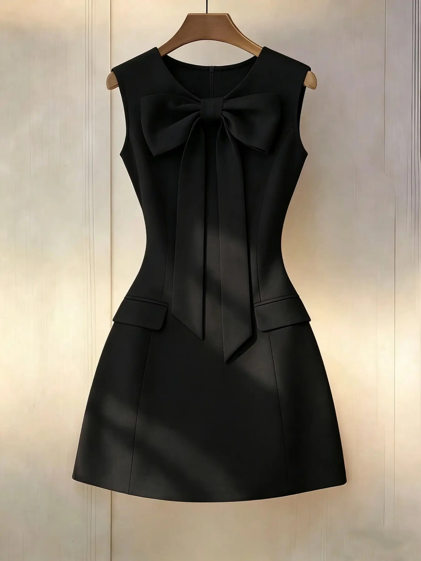 Elegant Sleeveless Bow Decor Dress for Women, Slim Fit 3D Cut Design, Fake Pocket Detail, Multiple Colors Available, Office Wear