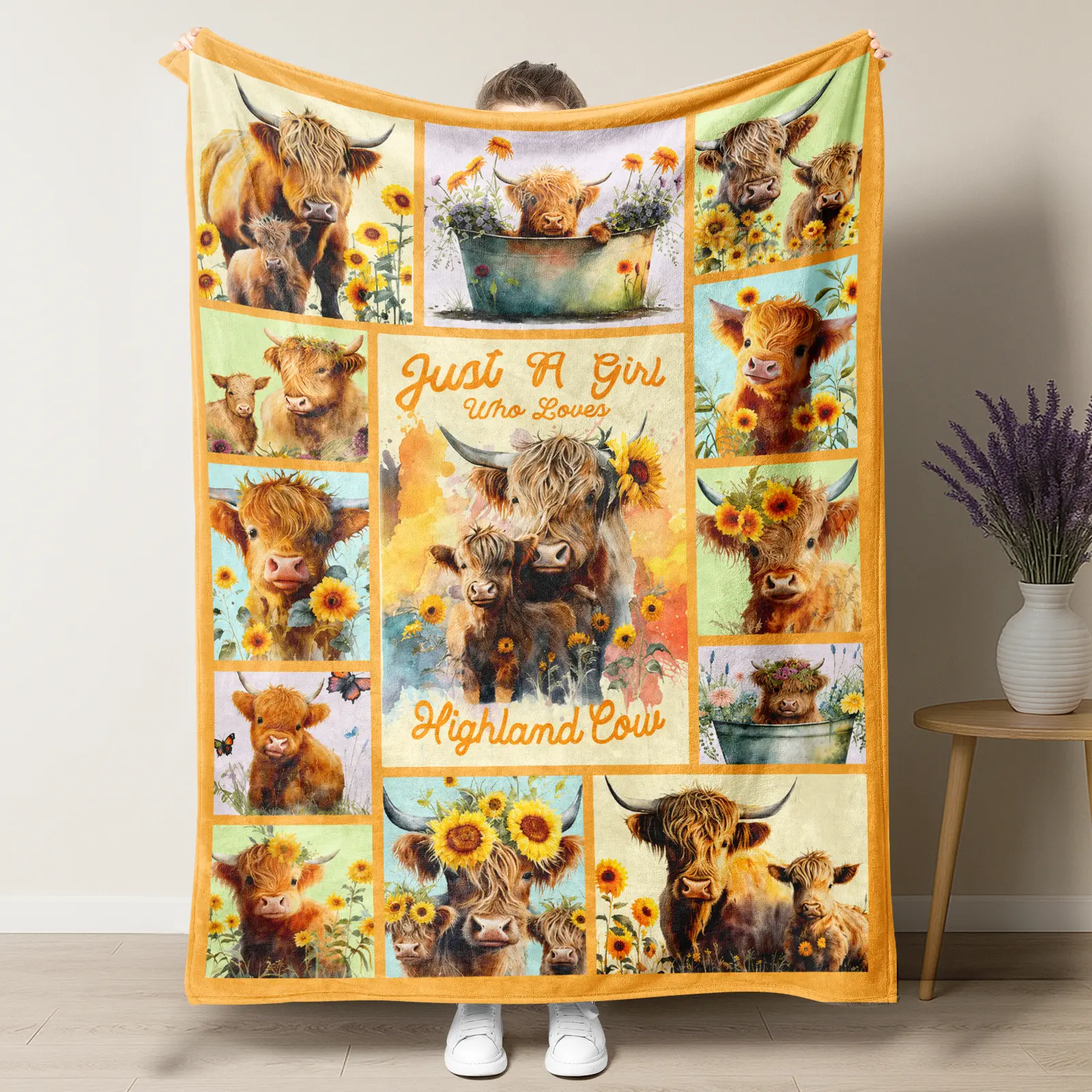 Just A Girl Who Loves Highland Cow Throw Blanket,Sunflower Patchwork Grid Highland Cow Family Watercolor Print Soft Fluffy Fleece Blanket, Country Farmhouse Cottagecore Decor Cozy Sofa Bed Blanket Gift For Cowgirl