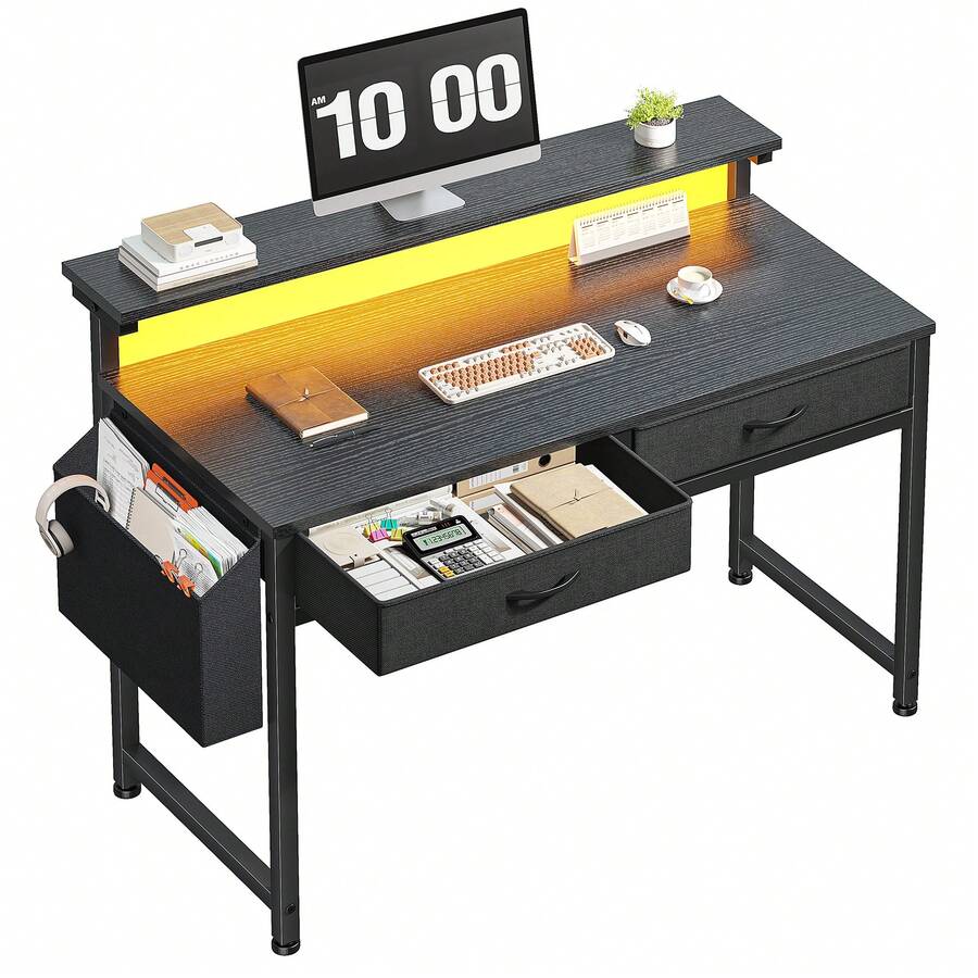 31.5 Inch Home Office Desk with LED Lights, Ergonomic Monitor Riser, 2 Fabric Drawers and Side Storage Pocket, Computer Desk for Bedroom & Workspace