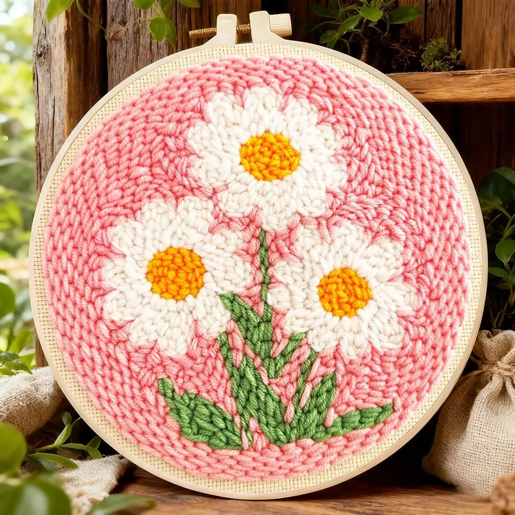 Punch  Kit for Beginners Adults-Flower Daisy,with Video Tutorial | Punch  Kits Adults Beginner, Pre-Printed Fabrics,with Embroidery Hoop,  Craft,DIY  ,7.8x7.8In