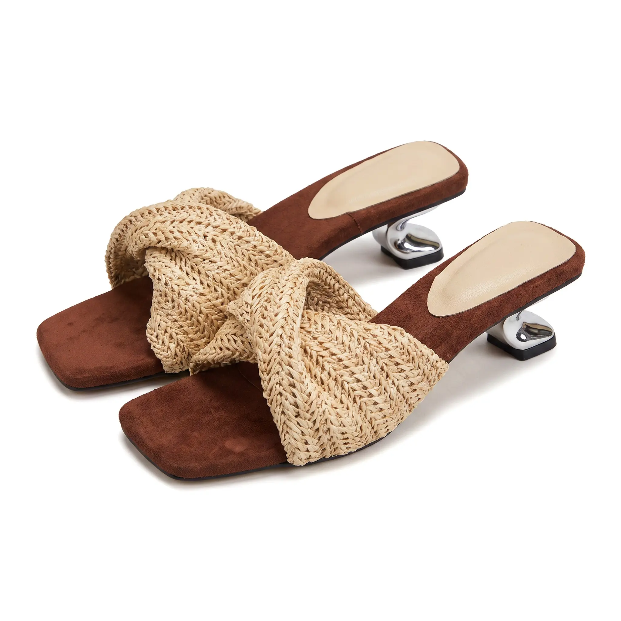 Vacation Ready Square Toe Woven Heels Cozy Faux Fur Lining Summer Slide Sandals Casual Everyday Mesh Upper Rubber Sole Off White Khaki Sizes 35 40