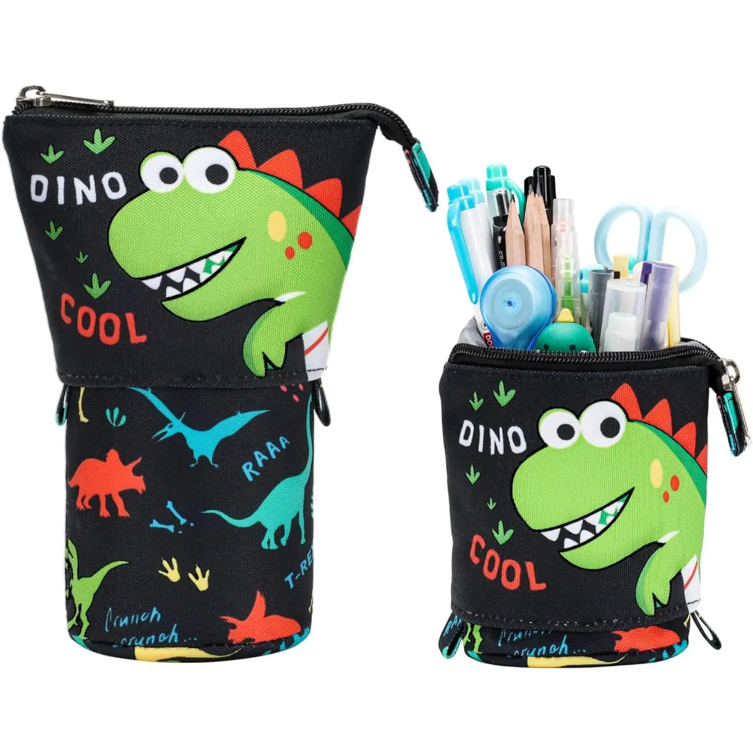 Standing Pencil Case Boys - Telescopic Pouch, Black Dinosaur | 900D Fabric Big Capacity Pencil Case for Girls with Widened Base, Four Inner Pockets as School Supplies  Style